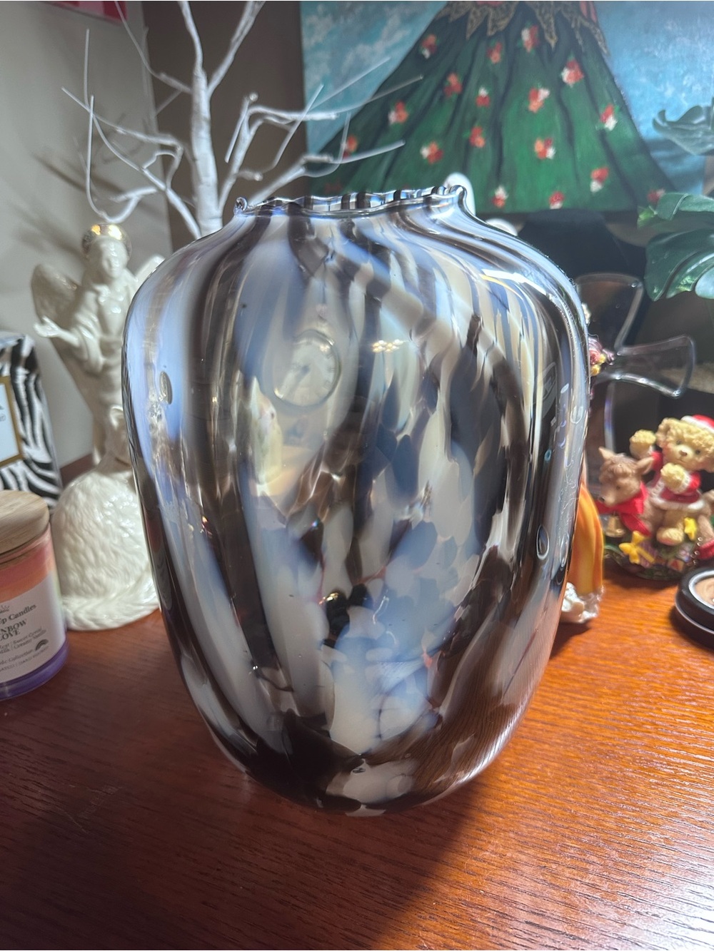 Hand-Blown Art Glass Vase – Black and White Swirl